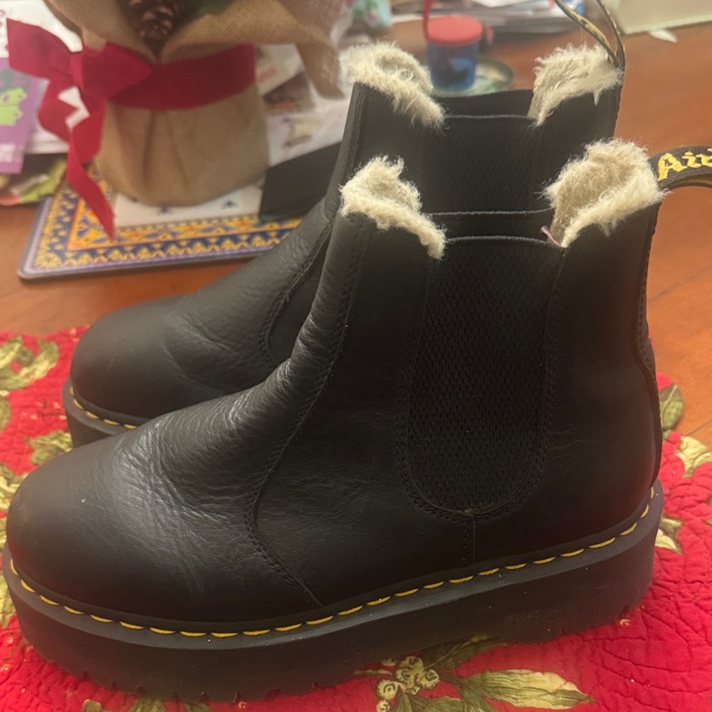 Dr. Martens Black Heeled Boots with Cream Accents